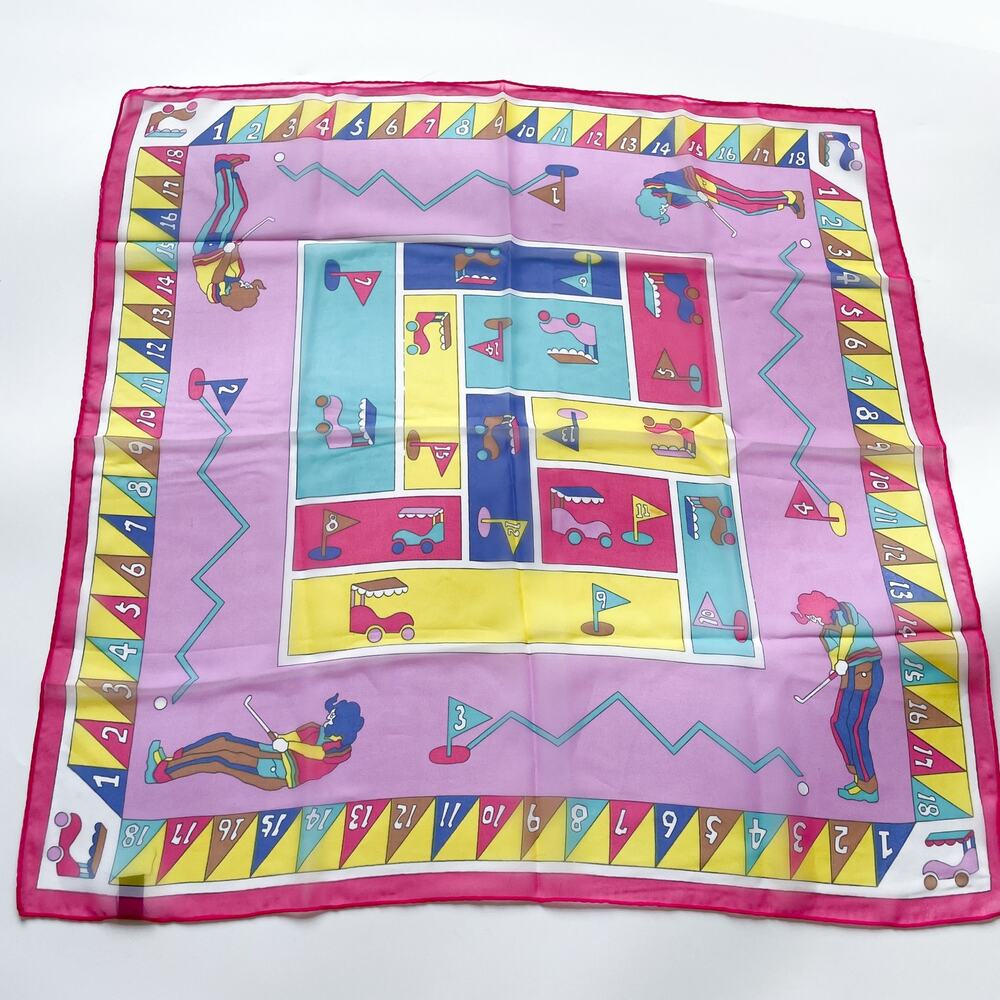 Vintage 80s Unique Womens Colorful Novelty Golf Game Board Square Scarf